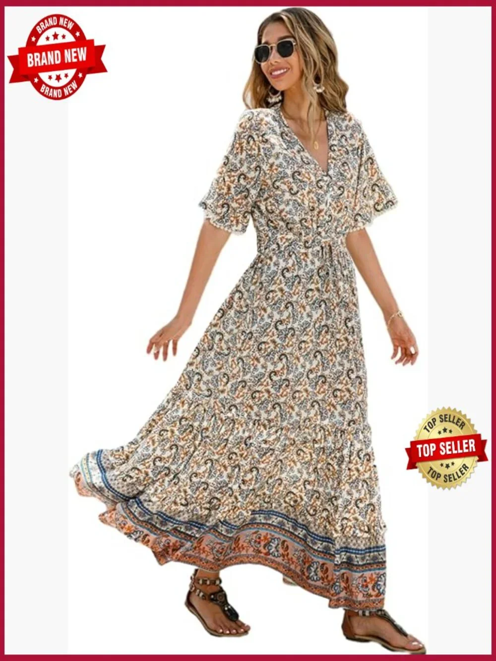 Women's Summer Cotton Short Sleeve V Neck Floral Print Casual Bohemian Midi
